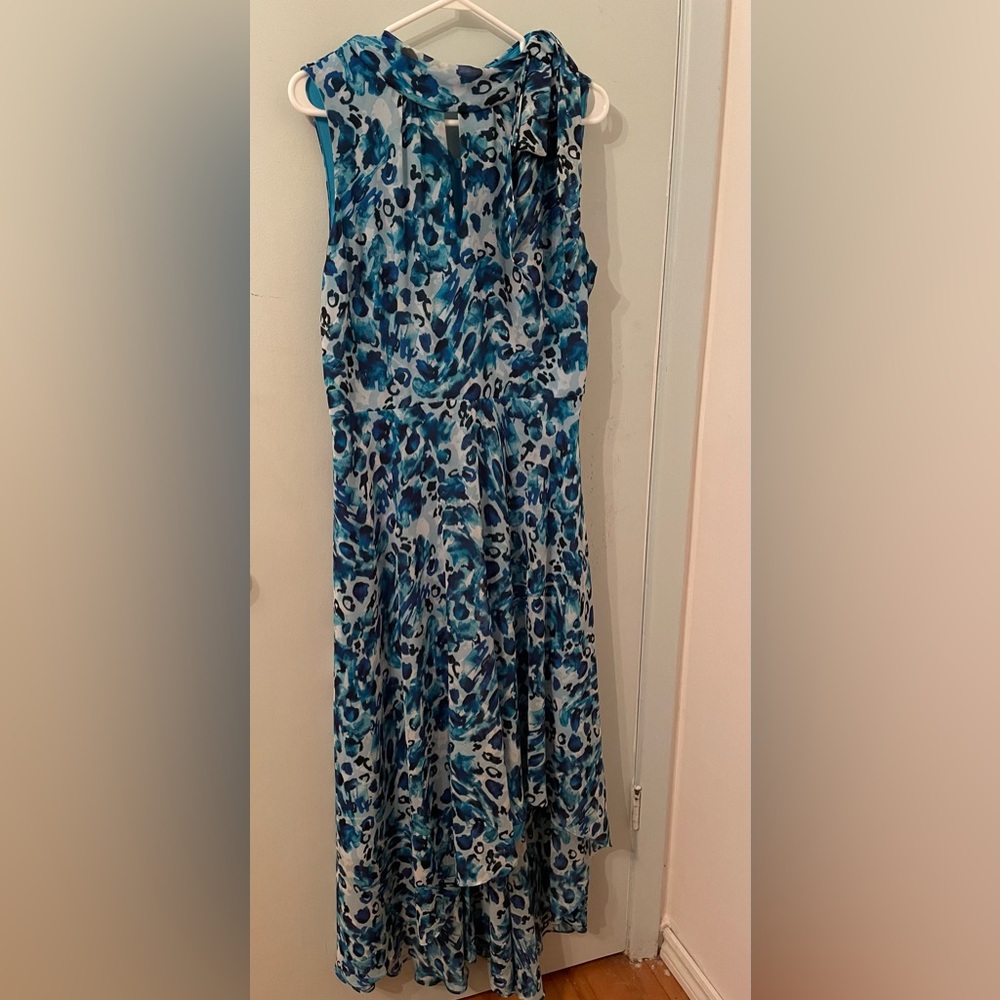 Joseph Ribkoff Dress Blue Geometric Sleeveless Size 12 Tie Collar - Picture 3 of 10